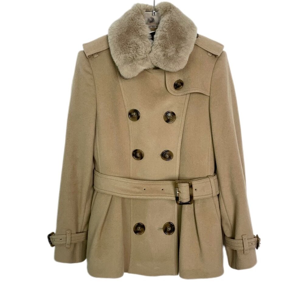 008667 Burberry Fur collar double-breasted belted wool coat Brown Size 38 Slight